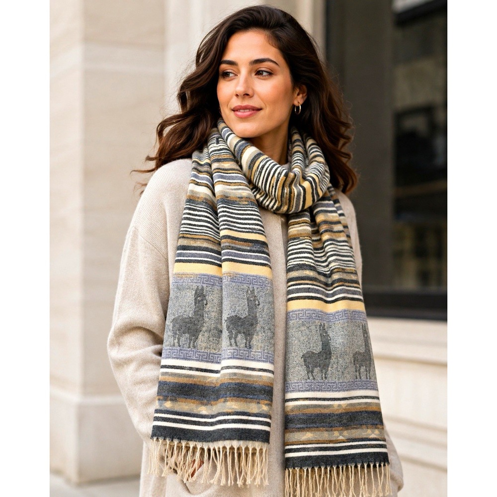Baby Alpaca Ecuadorian Striped Woven Fringe Rectangle Scarf 72x29 Women